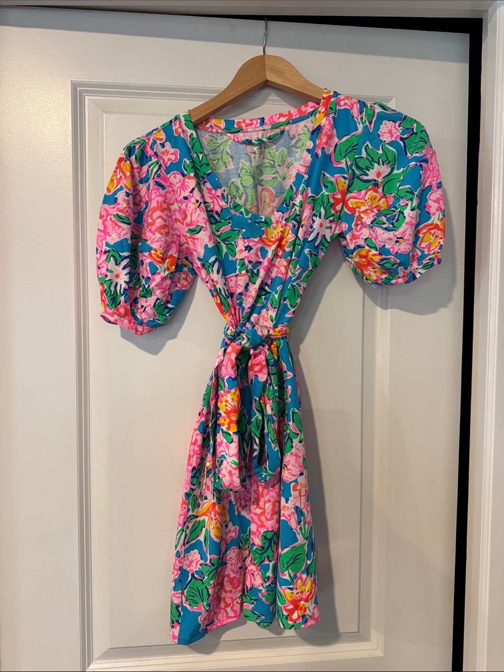 Lilly Pulitzer Teal Floral Mini Wrap Dress with Pink & Green Accents